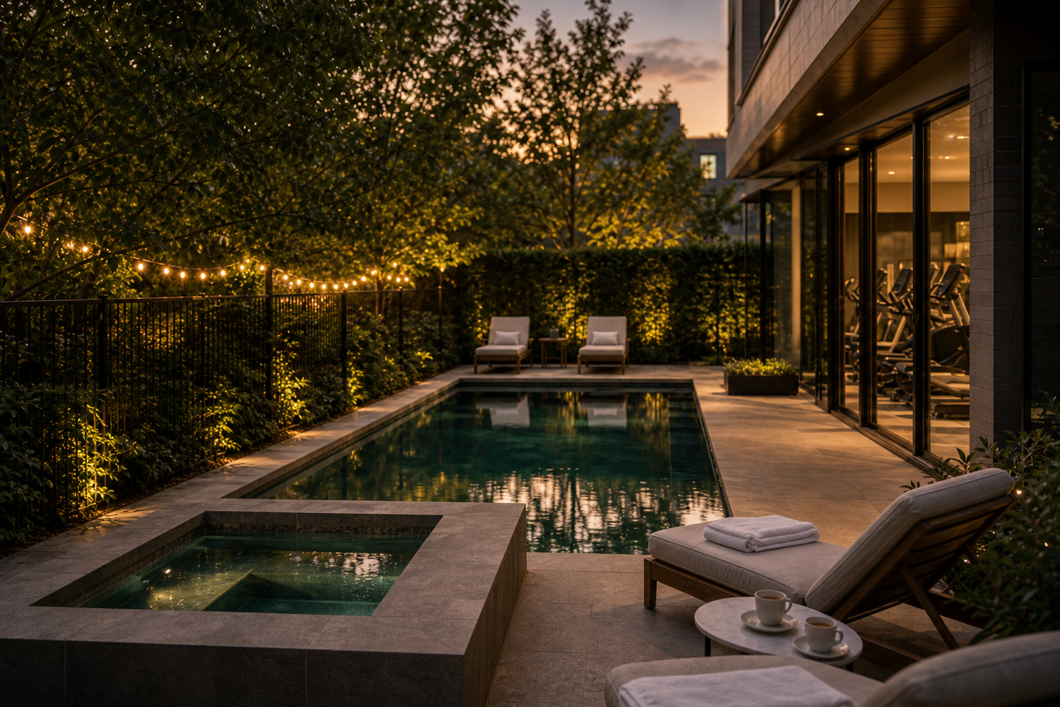 Private luxury pool court behind fitness