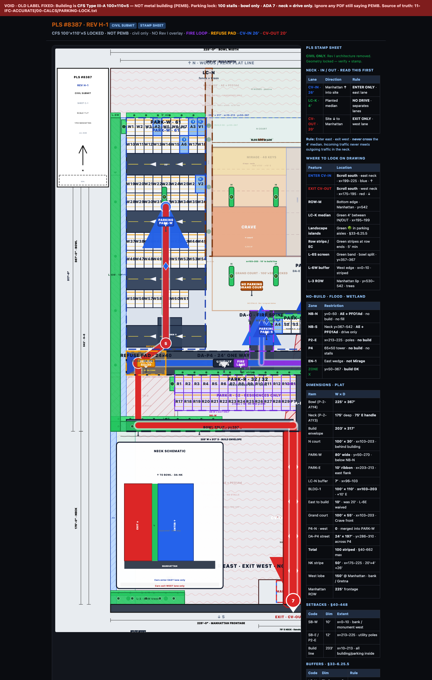 Rev H-1 civil site plan — 100 parking locked